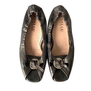 ANYI LU HARMONY Peep-Toe Ballet Flat Metallic Leather Green‎ Sz 37.5 EU 7 US